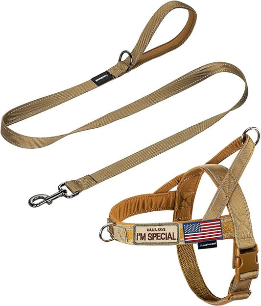 Annchwool No Pull Dog Harness with Padded Handle+5 Ft Leash,Reflective Strip Escape Proof and Quick Fit to Adjust Dog Harness,Easy for Training Walking for Small & Medium and Large Dogs(Brown-Set,XL)