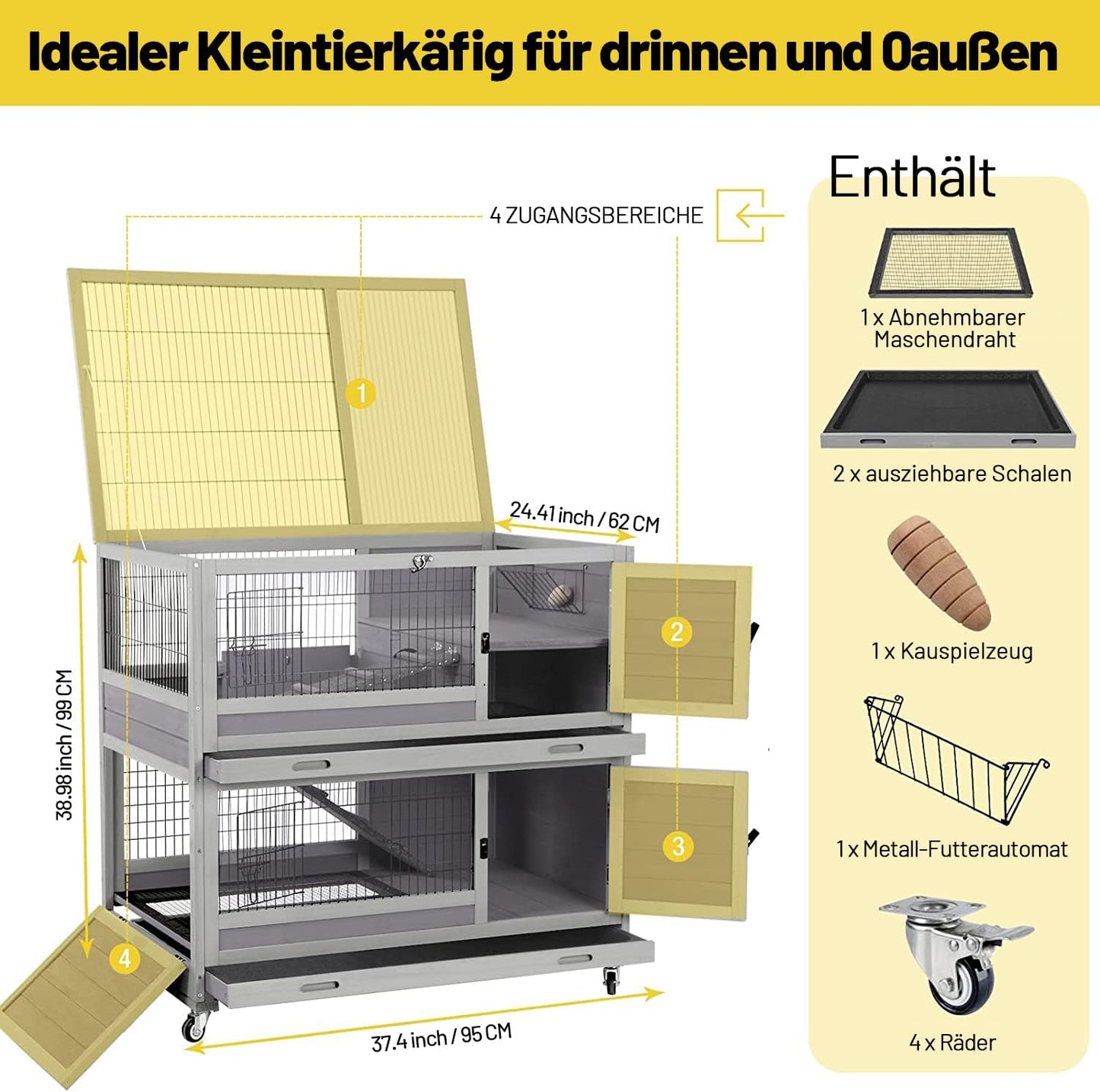 Aivituvin Rabbit Hutch Rabbit Cage Outdoor & Indoor on Wheels Bunny cage with Deep No Leak Pull Out Tray,Upgrade Version (Gray)