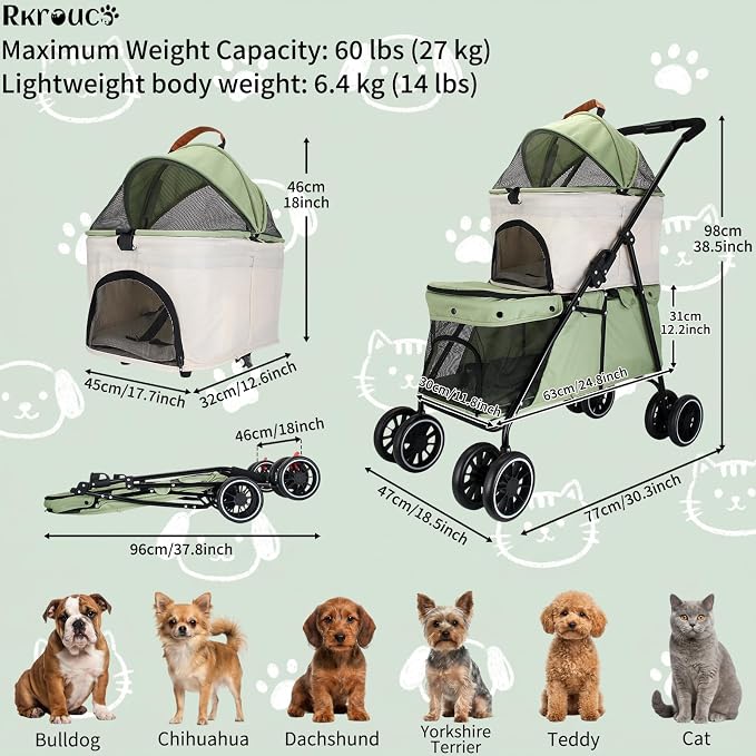 Foldable Double Pets Stroller for Dog Portable Cat Strollers for Small Medium Pet with One Detachable Carrier Flexible Lockable Wheels Lightweight Dogs Jogger (Green Beige)