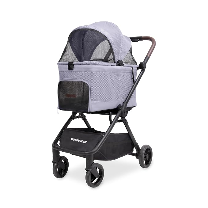 WonderFold Bella Pet Stroller - Autofold Design with Lightweight Aluminum Frame, Breathable Carriage Fabrics and Canopy, Safety Tethers & Easy-Clean Interior - Lilac