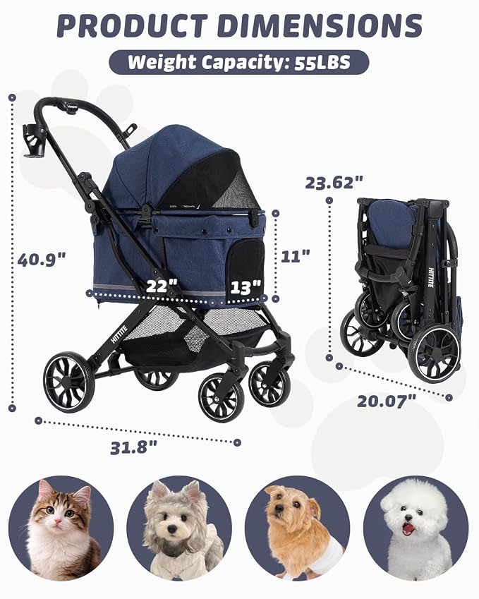 HITTITE Pet Stroller with Weatherproof Cover, All-Terrain 4-Wheel Cat & Dog Stroller with Adjustable Canopy, Foldable Dog Strollers with Storage Basket for Small to Medium Dogs Up to 55 lbs.