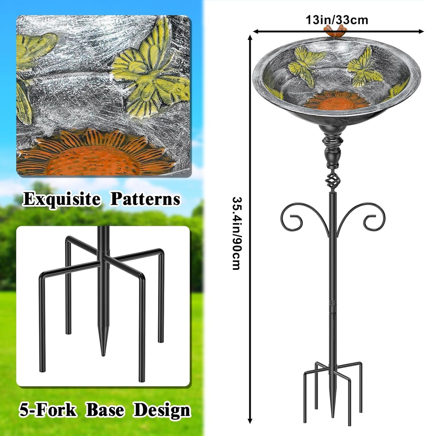 35In Bird Bath for Outside, Vintage Metal Birdbaths & Birdfeeder with 5 Prong Bases for Outdoors, Freestanding Bird Feeder Bowl with for Garden Yard Lawn Decor (Vintage Silver)