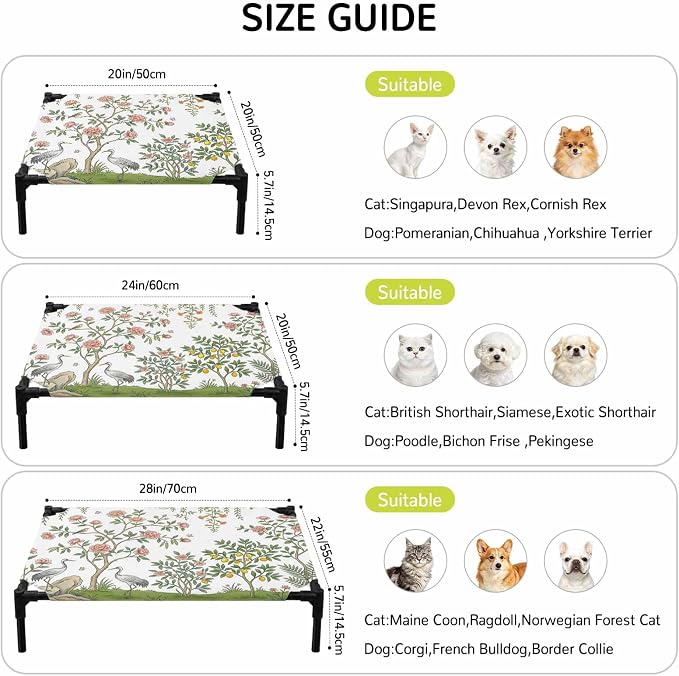 Outdoor Elevated Dog Bed for Large Dogs, Pink Flowers Breathable Cooling Raised Dog Cot for Indoor/Outdoor, Trees Weeping Spring Floral Birds Waterproof Elevated Pet Beds, L 28 x 22 in