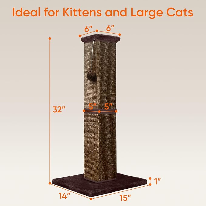 Cat Scratching Post 32 Inch for Indoor Large Cats and Kitten, Nature Sisal Tall Cat Scratch Post, Sisal Cat Scratcher Improve Cat's Scratching Habits and Protect Your Furniture, Full Brown