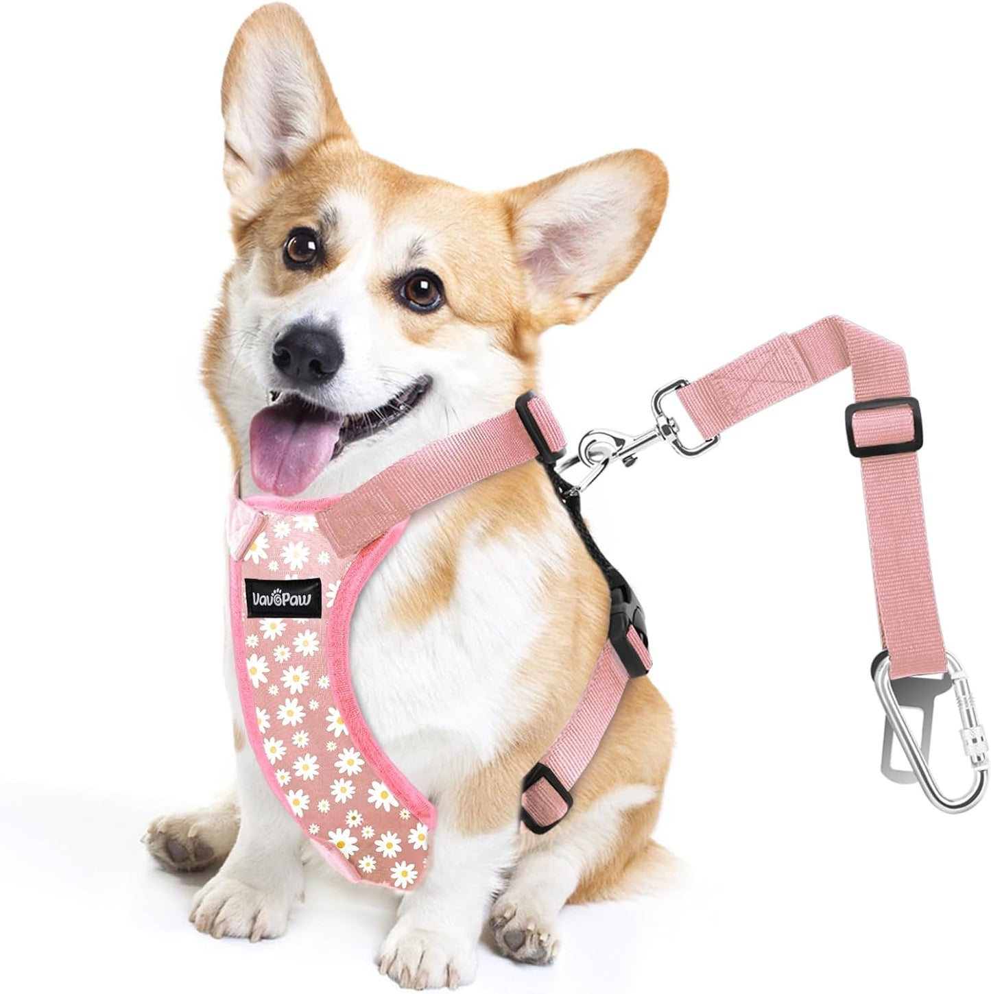 Dog Seat Belt, Safety Vest Dog Car Harness with Adjustable Buckle Dog Seat Belt for Vehicle Nylon Pet Safety Seat Belts Heavy Duty(M, Pink Daisy)