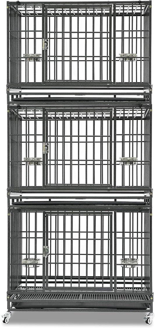 Homey Pet Three Levels 37 Inch Dog Crate, Escape Proof Dog Cage Kennel Indoor with Top Access and Lockable Wheels, Removable Tray, Heavy Duty Dog Crates for Medium/Small Dogs