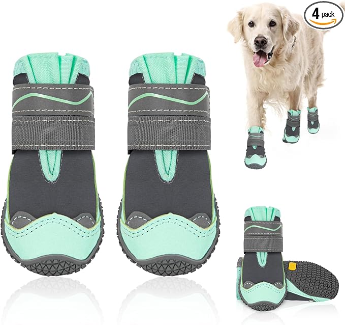 SlowTon Dog Shoes for Large Small Medium Dogs - Waterproof Dog Boots for Summer Hot Pavement, Paw Protector for Outdoor Walking Winter Snow, Anti-Slip Rubber Dog Booties for Hardwood Floor (GR, 4)