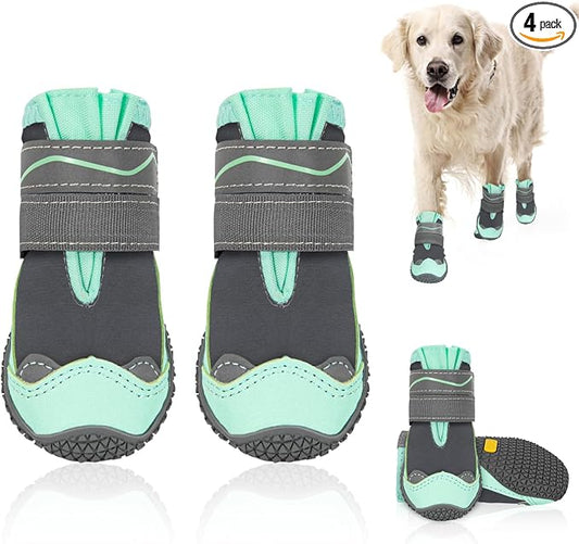 SlowTon Dog Shoes for Large Small Medium Dogs - Waterproof Dog Boots for Summer Hot Pavement, Paw Protector for Outdoor Walking Winter Snow, Anti-Slip Rubber Dog Booties for Hardwood Floor (GR, 4)