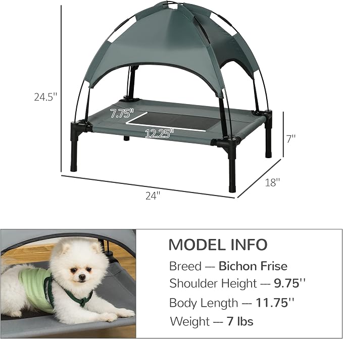 PawHut Elevated Dog Bed with Removable Canopy, 24 inch, Gray | Large Pet Bed, Outdoor Dog Cot, UV Protection Shade, Camping