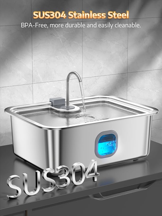 4.2Gal Dog Water Fountain for Large Dogs, 16L Stainless Steel Large Dog Fountain Water Bowl with Deeper & Wider Drinking Tray, Automatic Pet Water Dispenser with Visible Window (with Adjustable Stand)