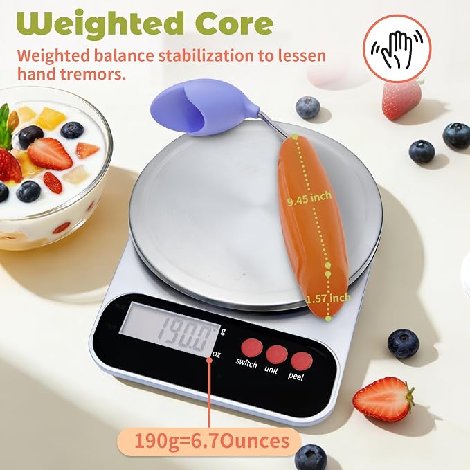 Anti-Tremor Spill Shield Spoon for Hand Tremors Parkinsons, Weighted Adaptive Utensils with Large Enclosed Scoop, Ergonomic Non-Slip Handle, Dishwasher Safe (Brown, Forward-Tilt)
