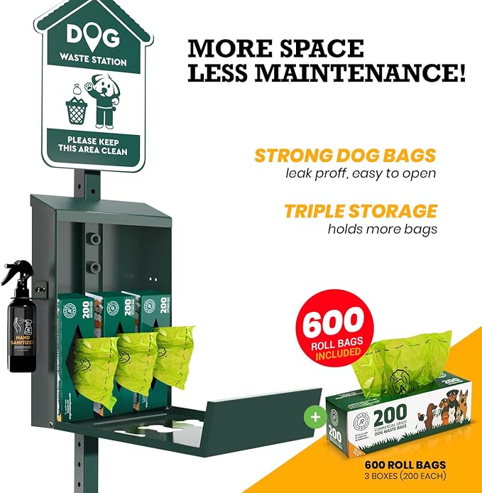 ALAGPRO® NEW 2026 Pet Waste Station Outdoor Dog Waste Station with Hand Sanitizer Bottle, Commercial Dog Poop Station with Free 600 Roll Waste Bags & 50 Can Liners for Backyard, Park & HOA's