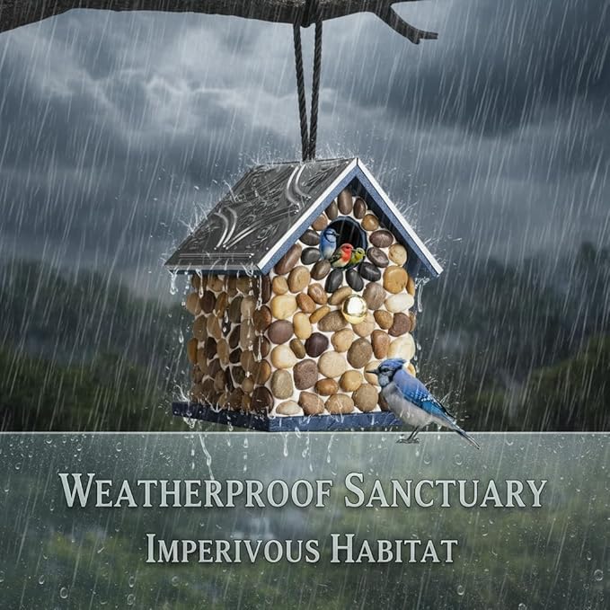 Masterpiece Bluebird Bird House for Outside Clearance, River Pebbles Cedar Bird House Bird Feeder for Outdoor, Hanging Birdhouse for Outside, Pole Mountable Birdhouse, 10 Yrs Lasting (Blue)