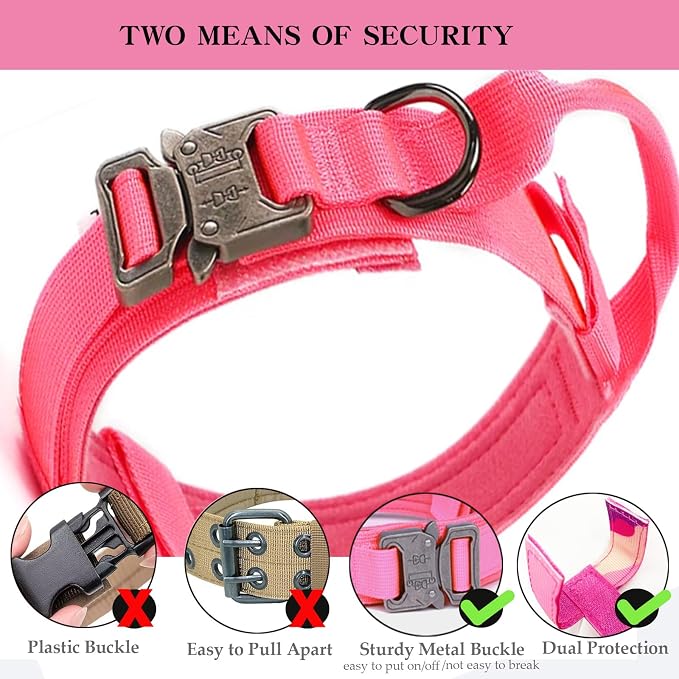 Tactical Dog Collar for Large Dogs with Control Handle,Pink,XL | 1000D Heavy-Duty Nylon Fabric,Quick-Release Metal Buckle,Adjustable Fit,Soft-Padded Webbing,D-Ring,for Training & Hiking