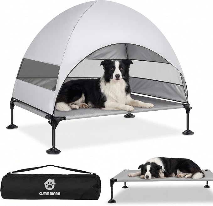 Elevated Dog Bed with Upgraded Canopy, Raised Outdoor Dog Tent with Powerful Anti-Slip Feet, Portable Pet Cot with Larger Shade, Raised Cooling Bed for Camping, Backyard, Beach, Poolside