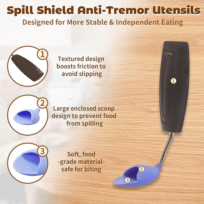 Anti-Tremor Spill Shield Spoon for Hand Tremors Parkinsons, Weighted Adaptive Utensils with Large Enclosed Scoop, Ergonomic Non-Slip Handle, Dishwasher Safe (Black, Forward-Tilt)