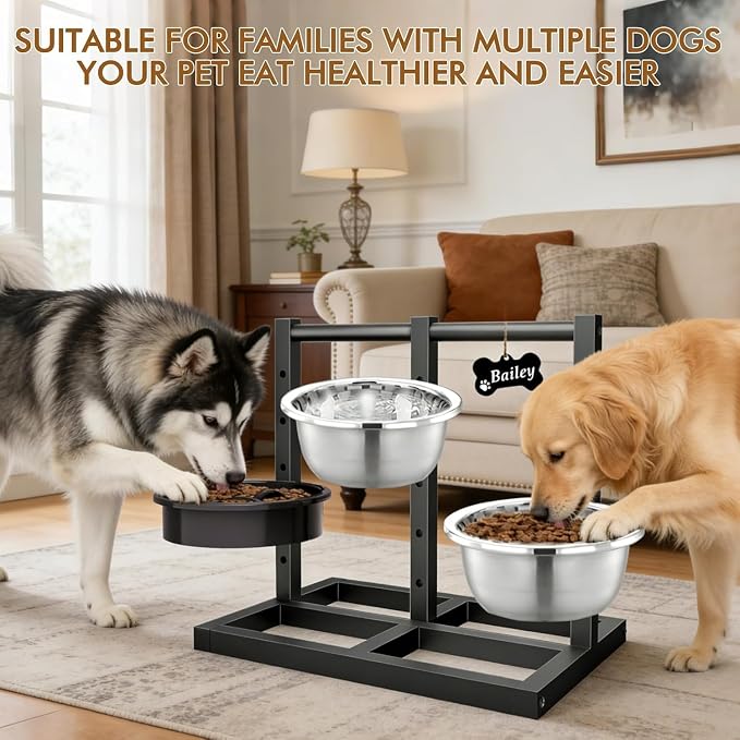 Elevated Dog Bowls Stand for Medium Large Dogs, 5 Adjustable Height Metal Raised Dog Bowl Stand 3 Food Water Bowls and Slow Feeder Bowl with Non-Slip Feet