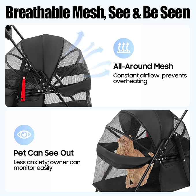 Pet Stroller for Small Medium Dogs Cats, Lightweight Foldable Pet Wagon with 360° Front Wheels & Brake, 40 lbs Capacity Carrier for Park Travel Shopping, Breathable Mesh Basket (Black)