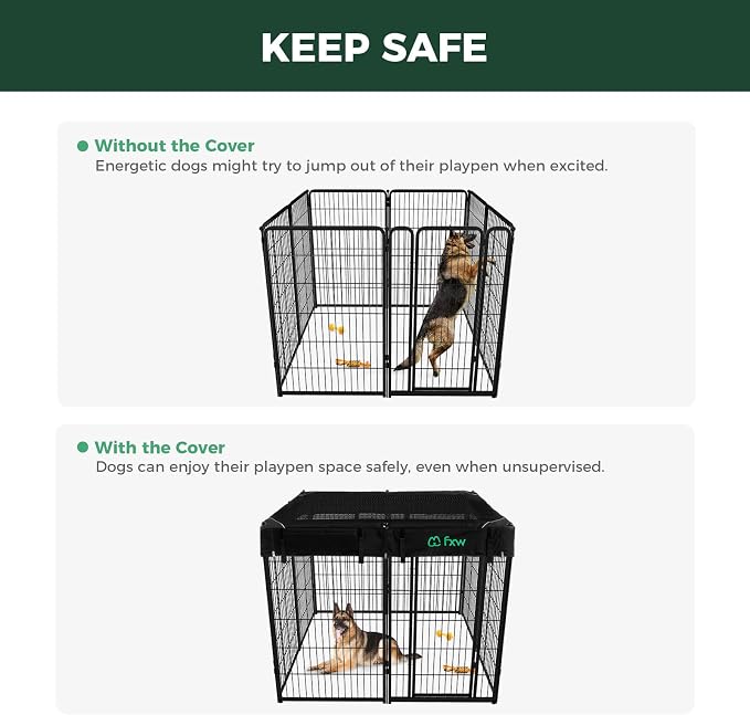 FXW Homeplus Indoor Dog Playpen with Mesh Top Cover, 45" H, 8 Panels | Calm Indoor Play Area, Cover Helps Deter Jump-Outs, for Large Dogs, Patented