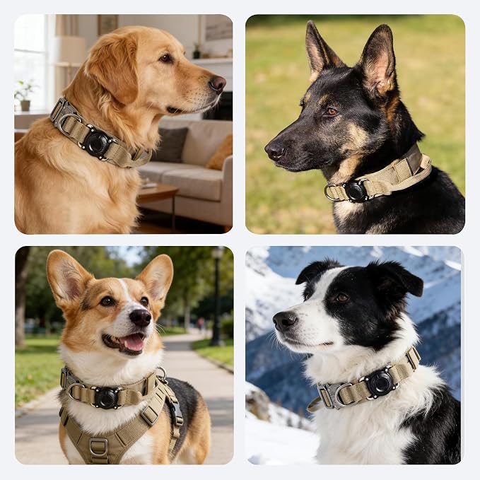 AirTag Dog Collar for Large Dogs Tactical Dog Collar with AirTag Holder | Upgrade Waterproof,Adjustable,Control Handle,Quick-Release Metal Buckle,1000D Nylon Fabric,Soft-Padde,Velcro Patch(Brown,XL)