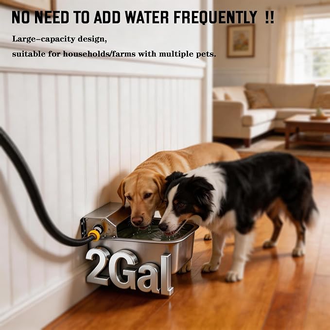 Automatic Dog Water Dispenser 2 Gallons, 304 Stainless Steel Dog Water Bowl for Indoor/Outdoor, Large Water Bowl for Pets & Livestock, Anti Tip, Wide Mouth, Water Auto Fill, Fit GHT 3/4" Faucet