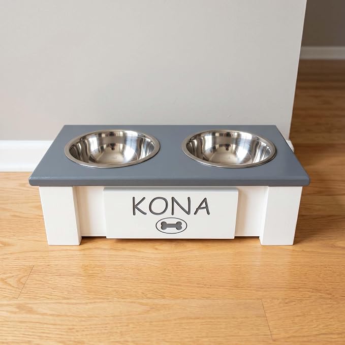 Elevated Dog Bowls for Small Dogs, Personalized Food Stand for Toy Breed | Farmhouse Style, Elevated Wood Stand, Storage Container, Stainless Steel Bowls, Raised Anti-Slip Feeder, Made in USA