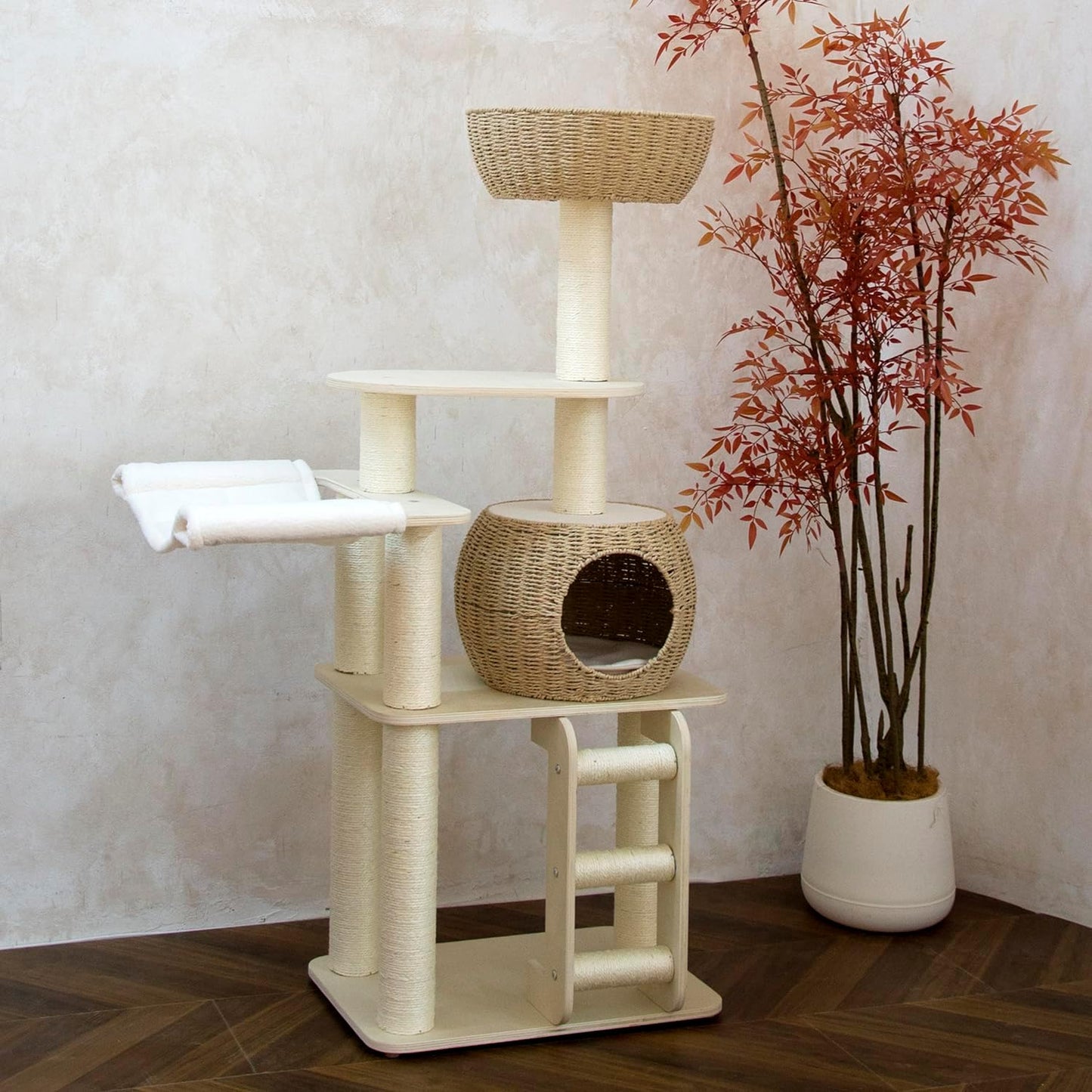 54 Inch Cat Tree for Indoor Cats, Tall Wooden Cat Tower with Scratching Posts, Rattan Condo and Perch, Multi-Level Cat Climber, Stylish Pet Furniture