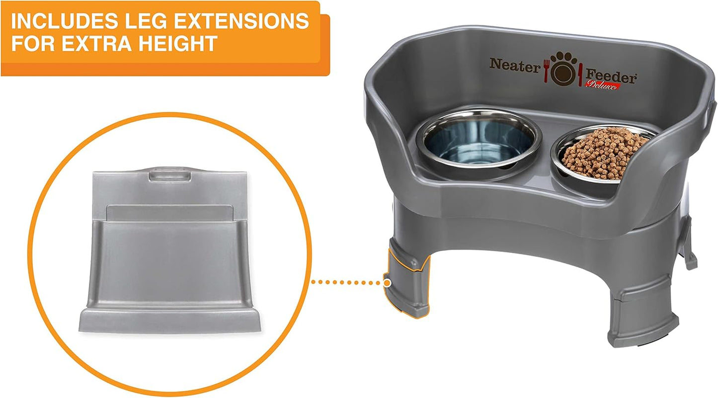 Neater Feeder Deluxe Mess Proof Dog Bowls Elevated for Medium Sized Breeds – Made in USA – No Spill Raised Slow Feeder Elevated Dog Bowl Stand w/Leg Extensions, Food and Water Bowl Set, Grey