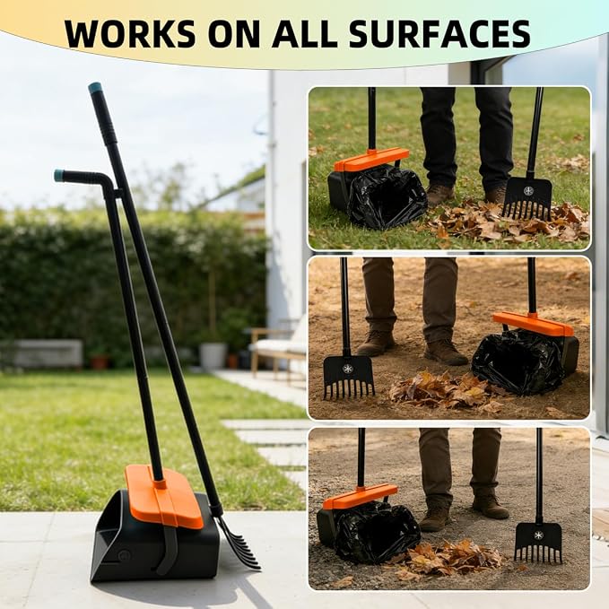 46" Pooper Scooper Swivel Bin & Rake for Large Small Dogs with Bag Attachment, Long Handle Poop Scooper with Lid for Yard (Orange)