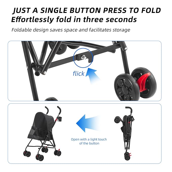 Pet Stroller Oxford Cloth Foldable Dog Strollers for Small Dogs and Cats Suitable for All Road Surfaces Wide-View Panoramic Window 4 Wheels with Brakes Portable Design, Easy to Store (Black)