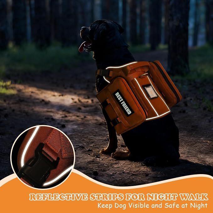 Dog Backpack Harness and Leash Set for Large Dogs Orange L | Removable Side Pockets Dog Vest with Padded Handle&MOLLE,No Pull Front&Back Metal Clips for Hiking Training Walking Hunting