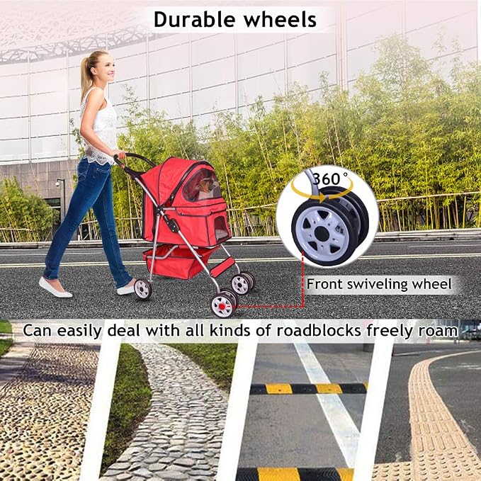 4 Wheels Pet Stroller Cat Dog Cage Stroller Travel Folding Carrier with Cup Holders and Removable Liner for Small-Medium Dog, Cat (Red)