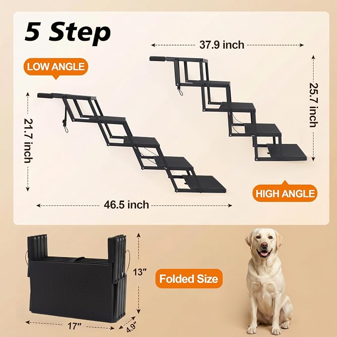 Dog Steps for Car, Truck, SUV, Dog Ramps for Cars with High Traction Surface, Portable Waterproof Dog Stairs for Large Dogs, Supports Up to 200 lbs, 5 Steps