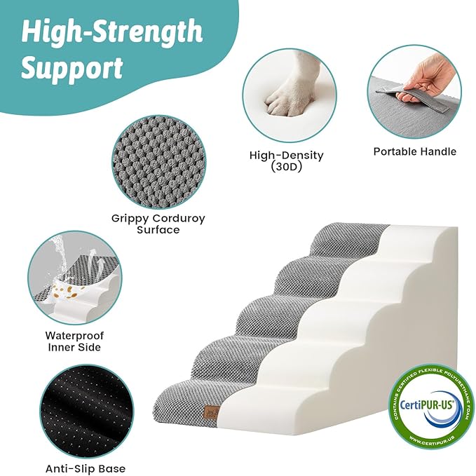 Dog Stairs for Small Dogs 19.7" H, 5-Step Sturdy Foam Dog Steps for Couch, Bed or Sofa, Curved Pet Stairs for Puppy and Older Cat, Doggie Ladder with Washable Cover, 15.7x33x19.7 inch, Gray