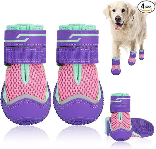 SlowTon Dog Shoes for Large Small Medium Dogs - Breathable Dog Boots for Summer Hot Pavement, Paw Protector for Outdoor Walking Winter Snow, Anti-Slip Rubber Dog Booties for Hardwood Floor (PIPU, 4)