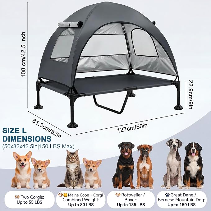 Elevated Dog Bed, Large Raised Dog Cot with Removable Shade Canopy for Large Dogs, Outdoor Portable Pet Tent with Breathable Mesh for Camping, Beach, Patio (Dark Gray, 50" L x 32" W x 42.5" Th)