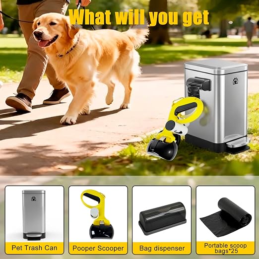 Dog Poop Trash Can Outside,3Gal Metal Outdoor Trash Can,Outdoor Dog Poop Trash Can with Lid for Odor Control - Includes Poop Scooper for Dogs & Bin Bag Holder (Silver)