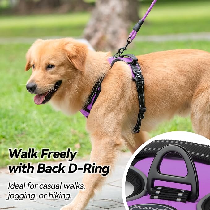 PoyPet No Pull Dog Harness Large with Front Clip & Neck Release Buckle | No Choke, Adjustable Vest, Reflective, Back Clip, Lockable, Soft Padded, Easy Control Handle for Walking Training, XL, Purple
