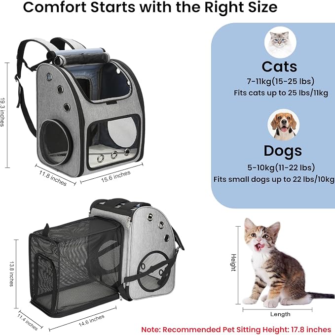 Expandable Cat Carrier Backpack, Large Space,Airline Approved, XL | Pet Backpack Carrier for Small Cats & Dogs up to 25 lbs, Travel Backpack for Hiking/ Vet, 4 Entrances, Breathable Ventilated