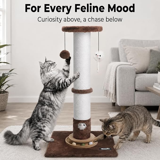 35-Inch Tall Cat Scratching Post, Stable Base for Large Cats, Brown | Heavy-Duty, Soft Natural Cotton Rope Cat Scratcher, Interactive Cat Toys, Wooden Ball Track, for Kittens and Indoor Cats