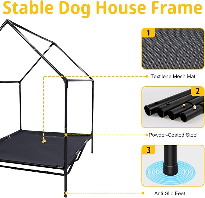 36'' Large Dog House Outdoor for Large Dogs Outside, Dog Tent, Pet House | Weatherproof Large Dogs House with Textilene Elevated Dog Bed, Breathable Dog House Outdoor with Windows and Sunshades