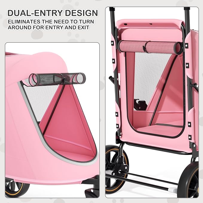 MoNiBloom Pet Stroller for Large Dogs or Dogs Cats up to 55 lbs, Pink | with Adjustable Handle, 3-Wheels Dual Entry Portable Dog Carting Easy Folding Pet Wagon Double Multiple Dog Stroller