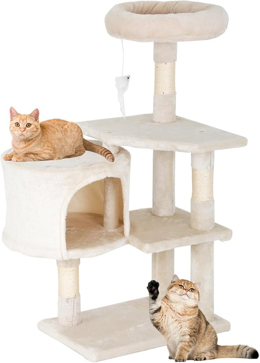 FDW | 36" Cat Tree Tower | Beige | Multi-Level Indoor Activity Center with Sisal Scratching Posts, Condos, Plush Perches, Hanging Cat Toys | Sturdy, Easy to Assemble | for Kittens & Adult Cats