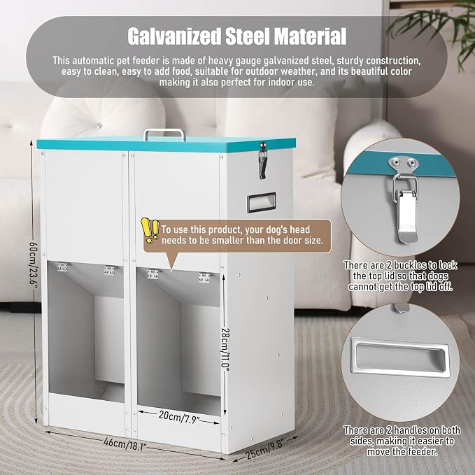 46Lb Gravity Automatic Dog Feeder for 2 Dogs, No Assembly Required | Galvanized Metal Self Feeding Dog Food Dispenser, Double Pet Feeder for Outdoor and Indoor Use