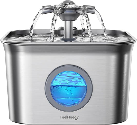 Stainless Steel Cat Water Fountain, 99oz/2.8L Auto Pet Drinking Fountain with 20dB Ultra-Quiet Pump- Ideal for Timid Pets, LED Water Level Window, Dishwasher Safe, 24/7 Circulating Flow - FEELNEEDY