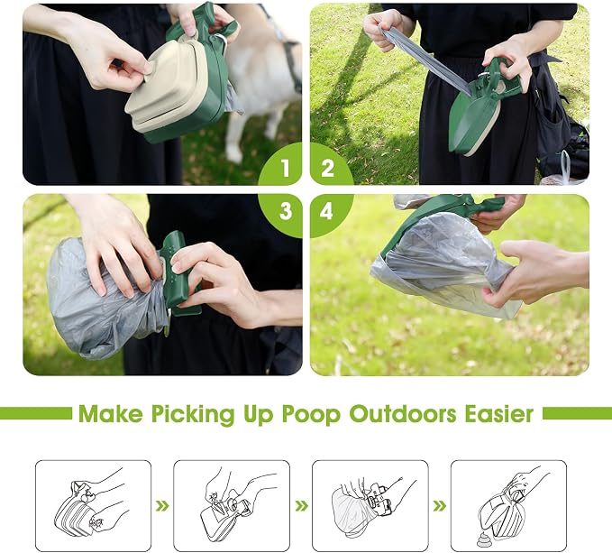 SuperDesign Dog Pooper Scooper - Ideal for Small & Large Dogs, Yard & Walks, Adjustable Leash & Bag Attachment, Perfect for Travel & Camping (Green)