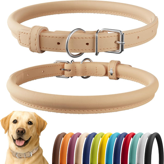 CollarDirect Rolled Leather Dog Collar, Soft Padded Round Puppy Collar, Handmade Genuine Leather Collar Dog Small Large Cat Collars 13 Colors (15-19 Inch, Beige Smooth)