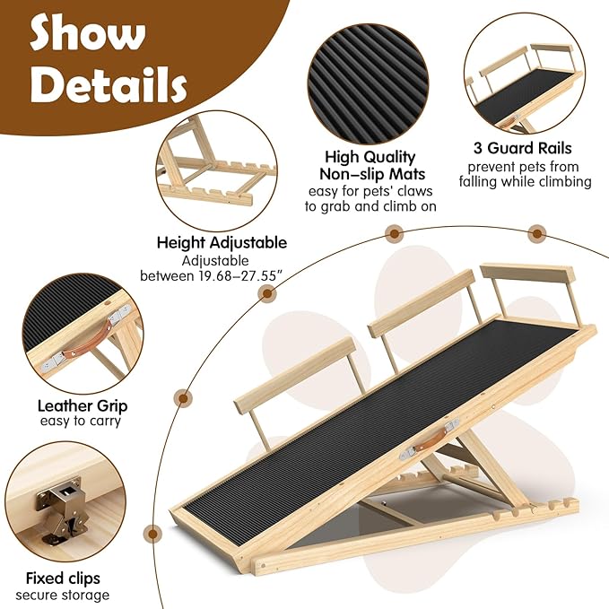 55" Adjustable Dog Ramp for Bed, Upgraded Wooden Pet Ramp with Non-Slip Silicone Surface and Side Rails, Height Settings (19.68-27.55"), Holds Up to 250lb, Portable Pet Stairs for Senior & Large Dogs