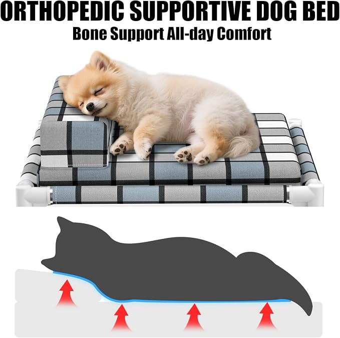 Elevated Dog Bed with Cushion & Bolster, Raised Dog Beds with Pillow & Mat | Small Cooling Lifted Indoor Outdoor Portable Lifted Pet Cot Stainless Steel Frame Indoor Outside Breathable Hammock Beds