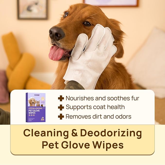 HICC PET Cleaning Deodorizing Glove Wipes for Dogs & Cats, Vet Recommended Hypoallergenic Hydrating & Nourish Fur Pet Grooming Glove Wipes, Pet Bathing Wipes for Horse Coat Care, 6pcs Verbena Scent
